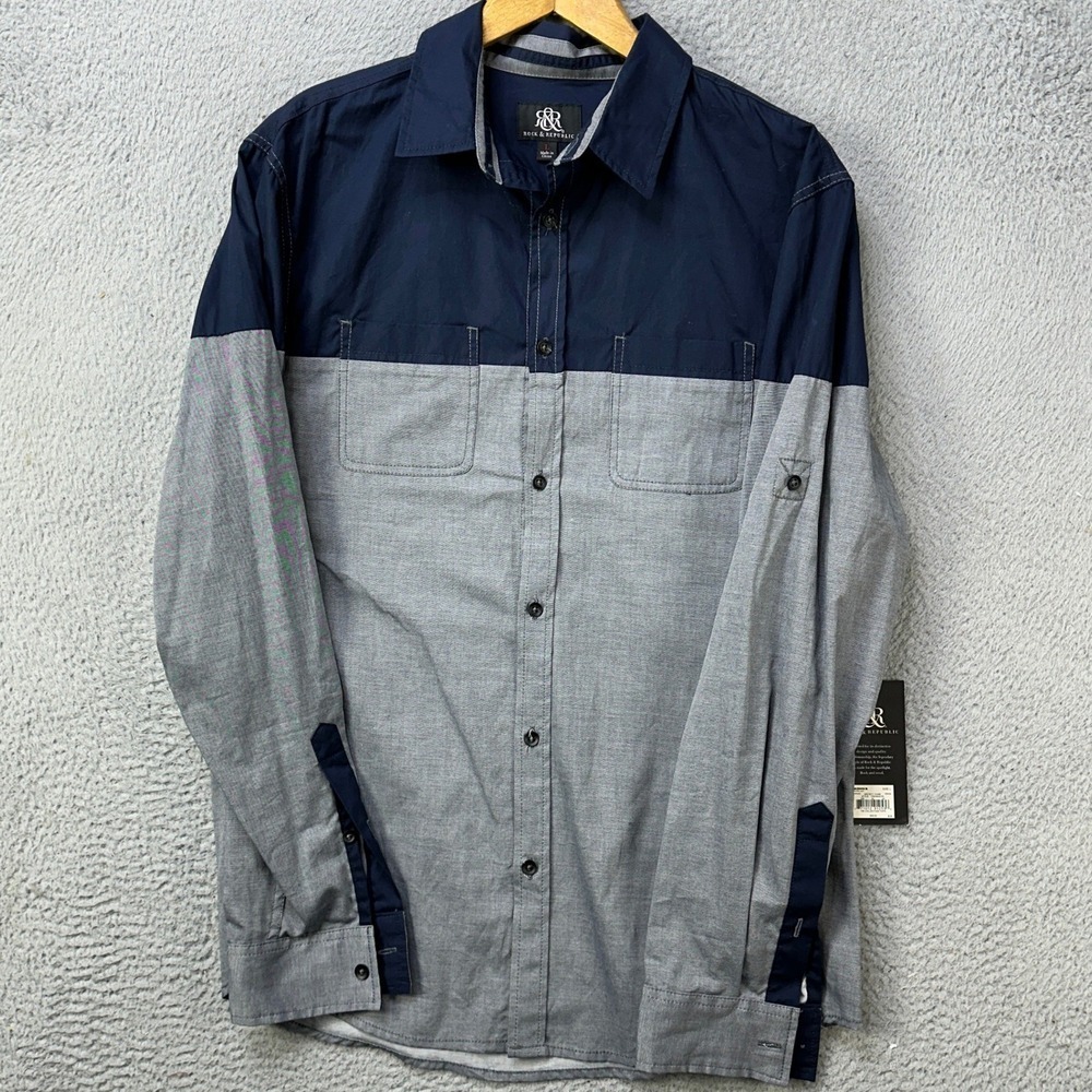 Rock & Republic Button-Up Mens Large YR64W437R Blue Grey Colorblock NEW